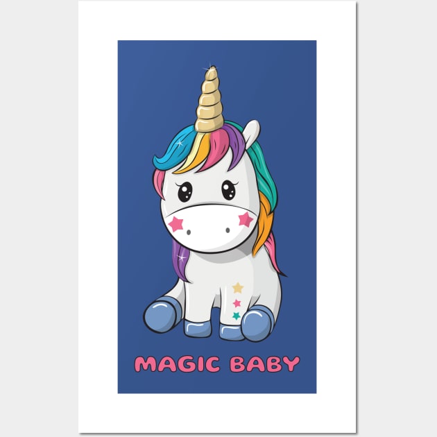 Cute little unicorn girl with coloured hair and words magic baby Wall Art by playmanko